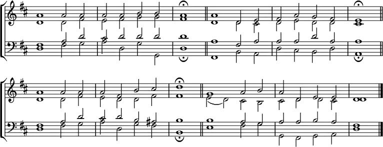 
\new ChoirStaff <<
  \new Staff { \clef treble \time 4/2 \key d \major \set Staff.midiInstrument = "church organ" \omit Staff.TimeSignature \set Score.tempoHideNote = ##t \override Score.BarNumber  #'transparent = ##t
  \relative c''
  << { a1 a2 a | a a b b | \time 2/2 a1 \fermata \bar"||"
       \time 4/2 a d,2 e | fis a g fis | \time 2/2 e1 \fermata \bar"||" \break
       \time 4/2 a a2 a | a fis b cis | \time 2/2 d1 \fermata \bar"||"
       \time 4/2 g, a2 b | a d, e e | d1 \bar"|." } \\
  { d1 d2 fis | e fis g g | fis1 | d d2 cis | d e d d | cis1
    d d2 fis | e d d fis | fis1 | e2( d) cis b | cis d d cis | d1 } >>
  } 
\new Staff { \clef bass \key d \major \set Staff.midiInstrument = "church organ" \omit Staff.TimeSignature
  \relative c
  << { fis1 a2 d | cis d d d | d1 | a fis2 a | a a d a | a1
       fis a2 d | cis d b ais | b1 | b a2 g | a a b a | fis1 } \\
  { d1 fis2 g | a d, g g, | d'1 \fermata | fis, b2 a | d cis b d | a1 \fermata
    d fis2 g | a d, g fis | b,1 \fermata | e fis2 g | g, fis g a | d1} >>
  } 
>>
\layout { indent = #0 }
\midi { \tempo 2 = 76 }
