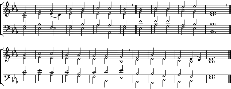 
\new ChoirStaff <<
  \new Staff { \clef treble \time 2/2 \key es \major \partial 2 \set Staff.midiInstrument = "church organ" \omit Staff.TimeSignature \set Score.tempoHideNote = ##t \override Score.BarNumber  #'transparent = ##t 
  \relative c'
  << { es2 | g aes | bes bes | c c | bes \breathe \bar"||" bes | c bes | d es | \time 4/2 f,1. \breathe \bar"||" \break
       bes2 | \time 2/2 c c | bes bes | aes aes | g \breathe \bar"||" f | bes es, | f es4( d) | \time 6/2 es1. \bar"|." } \\
  { bes2 | es2 es4( d) | es2 g | es es | es g | aes bes | aes g | d1.
    f2 | g f | f es | es f | bes, d | es es | c bes | bes1. } >>
  } 
\new Staff { \clef bass \key es \major \set Staff.midiInstrument = "church organ" \omit Staff.TimeSignature \override Staff.NoteHead.style = #'altdefault
  \relative c'
  << { g2 | bes f | g bes | aes aes | g es' | es es | aes, bes | bes1.
       d2 | es c | d bes | c d | es bes | bes g | aes f | g1. } \\
  { es2 | es es | es es | aes aes, | es' es | aes g | f es | bes1.
    bes'2 | bes aes | aes g | f bes, | es aes, | g c | aes bes | es1. } >>
  } 
>>
\layout { indent = #0 }
\midi { \tempo 2 = 80 }
