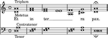 << \override Score.TimeSignature #'style = #'neomensural
\new Staff << \time 3/2 \new Voice \relative a' { \cadenzaOn a\breve^"Triplum" \bar "|" a \bar "|" g e1 \bar "|" f\breve g1 \bar "|" a\breve\fermata \bar "||" }
\new Voice \relative d' { \cadenzaOn d\breve_"Motetus" f e e1 a,\breve cis1 d\breve }
\addlyrics { Et in ter __ _ _ ra pax. } >>
\new Staff << \clef bass \new Voice { \cadenzaOn a\breve^"Contratenor" f g s1 f\breve e1 d\breve }
\new Voice { \cadenzaOn d\breve_"Tenor" d e s1 d\breve a1 d\breve_\fermata } >> >>