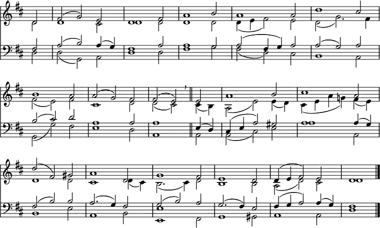
<< <<
\new Staff { \clef treble \time 3/2 \partial 2 \key d \major \set Staff.midiInstrument = "flute" \omit Staff.TimeSignature \set Score.tempoHideNote = ##t \override Score.BarNumber  #'transparent = ##t
  \relative c'
  << { d2 | fis( g) e | d1 fis2 | a1 b2 | a1 a2 | d1 cis2 | \break
  b1 a2 | a( g) fis | fis( e) \breathe \bar"||" e | a1 b2 | cis1 a2 |
  d( fis,) gis | a1 d,2 | g1 fis2 | e1 d2 | d4( e fis2) e | d1 \bar"|." } \\
  { d2 | d1 cis2 | d1 d2 | d1 d2 | d4( e fis2) e | d( g2.) fis4 |
  fis2( e) fis | cis1 d2 | d( cis) cis4( b) | a2( e') e4( d) | cis( e a g!) fis( e) |
  d1 d2 | cis1 d4( cis) | b2.( cis4) d2 | b1 b2 | a( d) cis | d1 } >>
}
\new Staff { \clef bass \key d \major \set Staff.midiInstrument = "flute" \omit Staff.TimeSignature
  \relative c
  << { fis2 | a( b) a4( g) | fis1 a2 | a1 g2 | a( fis4 g) a2 | a( g) a |
  b( cis) d | a1 a2 | a1 e4( d) | cis( e a2) gis | a1 a4( g) | 
  fis2( b) b | a2.( g4) fis2 | g( b) a | g2.( fis4) e2 | fis4( g a2) a4( g) | fis1 } \\
  { d2 | d( g,) a | d1 d2 | fis1 g2 | fis( d) cis | b1 a2 | 
  g( g') fis | e1 d2 | a1 a2 | a( cis) e | a1 a,2 |
  b1 e2 | a,1 b2 | <e e,>1 fis,2 | g1 gis2 | a1 a2 | d1 } >>
}
>> >>
\layout { indent = #0 }
\midi { \tempo 2 = 63 }
