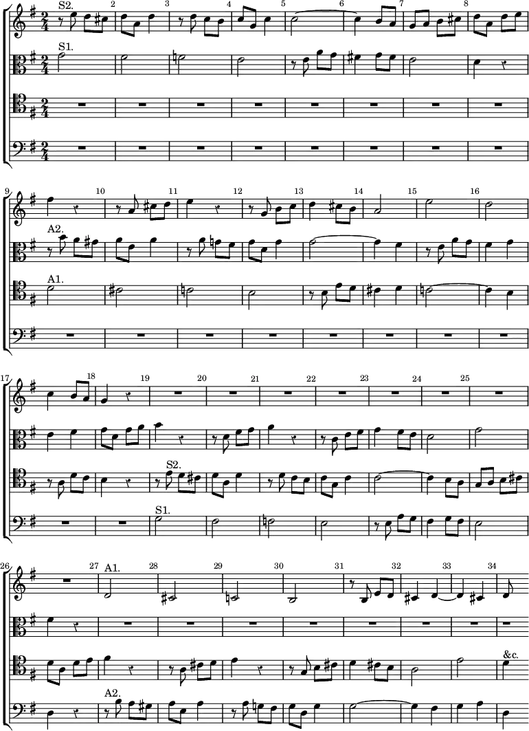 \new ChoirStaff << \override Score.Rest #'style = #'classical \override Score.BarNumber.break-visibility = ##(#f #t #t) \set Score.barNumberVisibility = #all-bar-numbers-visible
\new Staff \relative e'' { \key g \major \time 2/4
r8^"S2." e d cis | d a d4 | r8 d c b | c g c4 | c2 ~ c4 b8 a |
g a b cis | d a d e | fis4 r | r8 a, cis d | e4 r | r8 g, b c |
d4 cis8 b | a2 | e' d c4 b8 a | g4 r R2*8 | d2^"A1." |
cis2 c! b | r8 b e d | cis4 d ~ d cis d8 s }
\new Staff \relative g' { \clef alto \key g \major
g2^"S1." fis f e | r8 e a g | fis!4 g8 fis | e2 d4 r |
r8^"A2." b' a gis | a e a4 | r8 a g! fis | g d g4 | g2 ~ g4 fis |
r8 e a g | fis4 g | e fis | g8 d g a | b4 r | r8 d, fis g |
a4 r | r8 c, e fis | g4 fis8 e | d2 g fis4 r R2*7 r1*1/4 }
\new Staff \relative d' { \clef tenor \key g \major
R2*8 d2^"A1." cis c! b | r8 b e d | cis4 d | c!2 ~ c4 b |
r8 a d c | b4 r | r8 e^"S2." d cis | d a d4 | r8 d c b |
c g c4 | c2 ~ c4 b8 a | g a b cis | d a d e | fis4 r
r8 a, cis d | e4 r | r8 g, b cis | d4 cis8 b | a2 e' d4^"&c." }
\new Staff \relative g { \clef bass \key g \major
R2*18 g2^"S1." fis f! e | r8 e a g | fis4 g8 fis | e2 d4 r |
r8^"A2." b' a gis | a8 e a4 | r8 a g! fis | g d g4 |
g2 ~ g4 fis g a d, } >>