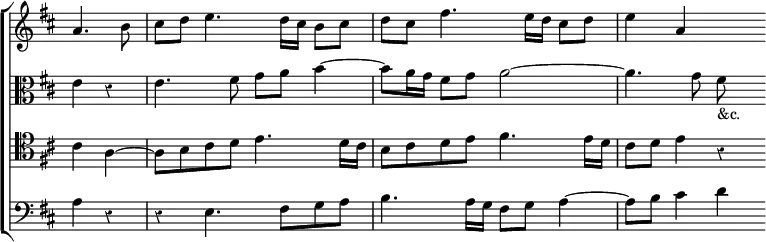 \new ChoirStaff << \override Score.Rest #'style = #'classical \override Score.TimeSignature #'stencil = ##f
\new Staff \relative a' { \key d \major \time 4/4 \partial 2
a4. b8 | cis d e4. d16 cis b8 cis | d cis fis4. e16 d cis8 d | e4 a, s }
\new Staff \relative e' { \clef alto \key d \major
e4 r | e4. fis8 g a b4 ~ | b8 a16 g fis8 g a2 ~ | a4. g8 fis_"&c." }
\new Staff \relative c' { \clef tenor \key d \major
cis4 a ~ | a8 b cis d e4. d16 cis | b8 cis d e fis4. e16 d | cis8 d e4 r }
\new Staff \relative a { \clef bass \key d \major
a4 r | r e4. fis8 g a | b4. a16 g fis8 g a4 ~ | a8 b cis4 d } >>