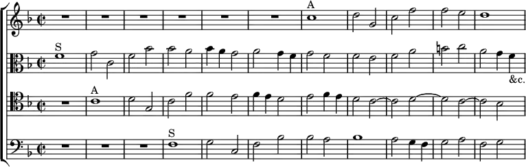 \new ChoirStaff << \override Score.BarNumber #'break-visibility = #'#(#f #f #f)
\new Staff \relative c'' { \key f \major \time 2/2
R1*6 c1^"A" d2 g, c f | f e d1 }
\new Staff \relative f' { \clef alto \key f \major
f1^"S" g2 c, | f bes | bes a | bes4 a g2 | a g4 f |
g2 f | f e | f a | b c | a g4 f_"&c." }
\new Staff \relative c' { \clef tenor \key f \major
R1 c^"A" d2 g, c f | f e | f4 e d2 |
e f4 e | d2 c ~ c d ~ d c ~ c bes ~ }
\new Staff \relative f { \clef bass \key f \major
R1*3 f1^"S" g2 c, | f bes | bes a | bes1 | a2 g4 f | g2 a f g } >>