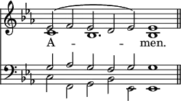 
<< <<
\new Staff { \clef treble \time 7/2 \key es \major \set Staff.midiInstrument = "church organ" \omit Staff.TimeSignature
  \relative c' { << { es2( f es d es) es1 \bar"||" } \\ { c1 bes1. bes1 } >> }
}
\new Lyrics \lyricmode { A1 --1. men.1 }
\new Staff { \clef bass \key es \major \set Staff.midiInstrument = "church organ" \omit Staff.TimeSignature
  \relative c' { << { g2 aes g f g g1 } \\ { c,2 f, g bes es, es1 } >> }
}
>> >>
\layout { indent = #0 }
\midi { \tempo 4 = 96 }
