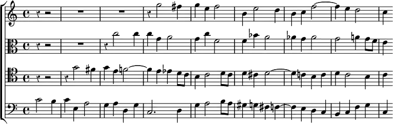 \new ChoirStaff << \override Score.BarNumber #'break-visibility = #'#(#f #f #f) \override Score.Rest #'style = #'classical
\new Staff \relative g'' { \time 4/4 \partial 2. \key c \major
r4 r2 R1*2 r4 g2 fis4 | g e f2 | b,4 e2 d4 | b c f2 ~ f4 e d2 c4 }
\new Staff \relative c'' { \clef alto \key c \major
r4 r2 R1 r4 c2 c4 | c g a2 | g4 c f,2 | f4 bes a2 |
aes4 g aes2 | g a!4 g8 f | e4 }
\new Staff \relative g' { \clef tenor \key c \major
r4 r2 | r4 g2 fis4 | g e f!2 ~ | f4 e ees d8 c | b4 c2 d8 c |
d4 cis d2 ~ | d4 c! b c | d c2 b4 | c }
\new Staff \relative c' { \clef bass \key c \major
c2 b4 | c e, a2 | g4 a d, g | c,2. d4 | g a2 b8 a |
gis4 g fis f ~ | f e d c | b c f g | c, } >>