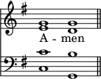 
<< <<
\new Staff { \clef treble \time 4/2 \key g \major \set Staff.midiInstrument = "church organ" \omit Staff.TimeSignature
  \relative c'' { << { g1 g \bar"||" } \\ { e d } >> }
}
\new Lyrics \lyricmode { A -- men }
\new Staff { \clef bass \key g \major \set Staff.midiInstrument = "church organ" \omit Staff.TimeSignature
  \relative c' { << { c1 b } \\ { c,1 g } >> }
}
>> >>
\layout { indent = #0 }
\midi { \tempo 2 = 50 }
