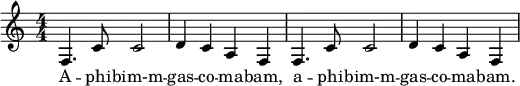 
  \relative f {
    \numericTimeSignature \time 4/4
    f4. c'8 c2
    d4 c a f
    f4. c'8 c2
    d4 c a f    
  }
  \addlyrics {
    A -- phi -- bim-m -- gas -- co -- ma -- bam, a -- phi -- bim-m -- gas -- co -- ma -- bam.
  }
