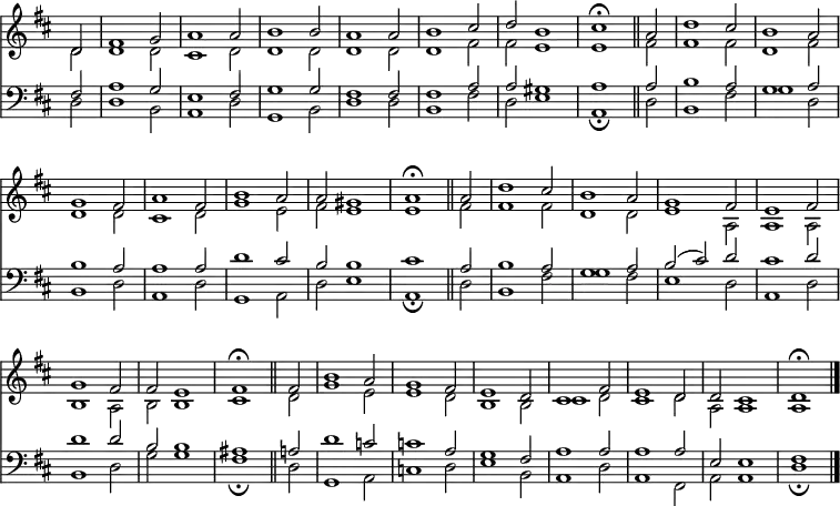 
<< <<
\new Staff { \clef treble \time 3/2 \key d \major \partial 2 \set Staff.midiInstrument = "church organ" \omit Staff.TimeSignature \set Score.tempoHideNote = ##t \override Score.BarNumber  #'transparent = ##t
  \relative c'
  << { d2 | fis1 g2 | a1 2 | b1 2 | a1 2 | b1 cis2 | d b1 | cis1 \fermata \bar"||"
       a2 | d1 cis2 | b1 a2 \break | g1 fis2 | a1 fis2 | b1 a2 | a gis1 | a \fermata \bar"||"
       a2 | d1 cis2 | b1 a2 | g1 fis2 | e1 fis2 \break g1 fis2 | 2 e1 | fis1 \fermata \bar"||"
       fis2 | b1 a2 | g1 fis2 | e1 d2 | cis1 fis2 | e1 d2 | d cis1 | d1 \fermata \bar"|." } \\
  { d2 | 1 2 | cis1 d2 | 1 2 | 1 2 | 1 fis2 | 2 e1 | e fis2 | 1 2 | d1 fis2
    d1 2 | cis1 d2 | g1 e2 | fis e1 | e fis2 | 1 2 | d1 2 | e1 a,2 | 1 2
    b1 a2 | b2 1 | cis d2 | g1 e2 | 1 d2 | b1 2 | cis1 d2 | cis1 d2 | a a1 | a } >>
}
\new Staff { \clef bass \key d \major \set Staff.midiInstrument = "church organ" \omit Staff.TimeSignature
  \relative c
  << { fis2 | a1 g2 | e1 fis2 | g1 2 | fis1 2 | 1 a2 | a gis1 | a a2 | b1 a2 | g1 a2
       b1 a2 | 1 2 | d1 cis2 | b2 1 | cis1 a2 | b1 a2 | g1 a2 | b( cis) d | cis1 d2
       d1 2 | b b1 | ais a2 | d1 c2 | 1 a2 | g1 fis2 | a1 2 | 1 2 | e e1 | fis } \\
  { d2 | 1 b2 | a1 d2 | g,1 b2 | d1 2 | b1 fis'2 | d e1 | a, \fermata
    d2 | b1 fis'2 | g1 d2 | b1 d2 | a1 d2 | g,1 a2 | d e1 | a, \fermata
    d2 | b1 fis'2 | g1 fis2 | e1 d2 | a1 d2 | b1 d2 | g g1 | fis \fermata
    d2 | g,1 a2 | c1 d2 | e1 b2 | a1 d2 | a1 fis2 | a a1 | d \fermata } >>
}
>> >>
\layout { indent = #0 }
\midi { \tempo 2 = 76 }
