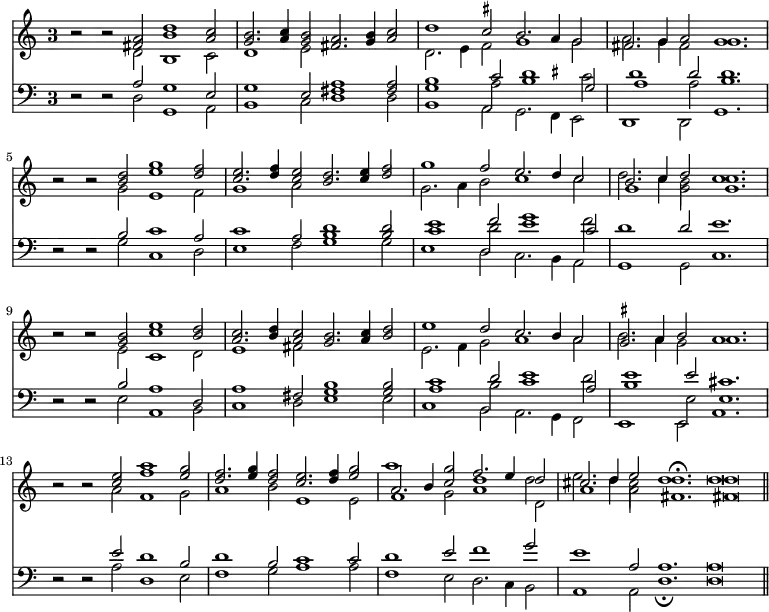<< \override Score.TimeSignature #'style = #'single-digit \new Staff << \time 3/1 \new Voice { \relative a' { \stemUp r2 r <a fis> <b d>1 <a c>2 | <b g>2. <c a>4 <b g>2 <a fis>2. <b g>4 <c a>2 | d1 c2 b2. a4 g2 | fis2. g4 a2 g1. | r2 r <d' b>2 <g e>1 <f d>2 | <e c>2. <f d>4 <e c>2 <d b>2. <e c>4 <f d>2 | g1 f2 e2. d4 c2 | << { b2. c4 d2 c1. } \\ { d2. c4 b2 c1. } >> | r2 r <b g>2 <c e>1 <d b>2 | <c a>2. <d b>4 <c a>2 <b g>2. <c a>4 <d b>2 | e1 d2 c2. b4 a2 | << { \once \set suggestAccidentals = ##t gis2. a4 b2 a1. } \\ { b2. a4 gis2 a1. } >> | r2 r <c e>2 <f a>1 <g e>2 | <f d>2. <g e>4 <f d>2 <e c>2. <f d>4 <g e>2 | << { a,2. b4 <c g'>2 f2. e4 d2 | cis2. d4 e2 d1.\fermata \bar ":|:" d\breve \bar "||" } \\ { a'1 s2 d,1 d2 e2. d4 cis2 d1. | d\breve } >> } }
\new Voice \relative d' { \stemDown s1 d2 b1 c2 | d1 e2 s1. | d2. e4 \once \set suggestAccidentals = ##t fis2 g1 g2 | a2. g4 fis2 g1. | s1 g2 e1 f2 | g1 a2 s1. g2. a4 b2 c1 c2 | g1 g2 g1. | s1 e2 c1 d2 | e1 fis2 s1. | e2. f4 g2 a1 a2 | s\breve. | s1 a2 f1 g2 | a1 b2 e,1 e2 | f1 g2 a1 d,2 | a'1 a2 fis1. | fis\breve } >>
\new Staff << \clef bass \new Voice { \stemUp \relative a { r2 r a g1 e2 | g1 e2 <fis a>1 q2 | <b g>1 c2 d1 g,2 a1 d2 d1. | r2 r b c1 a2 | c1 a2 <b d>1 q2 | e1 f2 g1 c,2 | d1 d2 e1. | r2 r b2 a1 d,2 | a'1 fis2 <b g>1 q2 | c1 d2 e1 a,2 | e'1 e2 cis1. | r2 r e2 d1 b2 | d1 b2 c1 c2 | d1 e2 f1 g2 | e1 a,2 a1. | a\breve } }
\new Voice { \stemDown \relative a { s\breve. s | s1 a2 b1 c2 d1 a2 b1. | s\breve. s | c1 d2 e1 f2 | s\breve. s s | a,1 b2 c1 d2 | b1 e,2 e1. } }
\new Voice { \stemDown \relative d { s1 d2 g,1 a2 | b1 c2 d1 d2 | b1 a2 g2. \once \set suggestAccidentals = ##t fis4 e2 | d1 d2 g1. | s1 g'2 c,1 d2 | e1 f2 g1 g2 | e1 d2 c2. b4 a2 | g1 g2 c1. | r2 r e a,1 b2 | c1 d2 e1 e2 | c1 b2 a2. g4 f2 | e1 e2 a1. | s1 a'2 d,1 e2 f1 g2 a1 a2 | f1 e2 d2. c4 b2 | a1 a2 d1._\fermata d\breve } } >> >>
