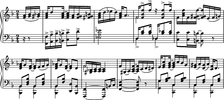 
{ \new PianoStaff <<
{ << \new Staff \relative a' { \key d \minor \time 2/4 \partial 8.  \override Score.BarNumber #'break-visibility = #'#(#f #f #f)
 <a f>16( <bes g> <bes! gis>) |
 <c a f> d8 <c a f>16 ~ q <a f> <bes g f> <b g fis> |
 <c a f>( d ees d) <c a f> a8. |
 << { \once \override NoteHead #'duration-log = 1 f16 <f bes f'>8^> f'16^> r q8^> f16^> }  \\ { f,2 } >>
 f16 <a c f> f <f gis f'> ~ q e( f g) | %end line 1
 <aes f d> g8 <f d>16 ~ q e( f g) |
 <aes f d> g8 <f d>16 ~ q8 d |
 << { \once \override NoteHead #'duration-log = 1 f16 <bes,! gis> <c a> q ~ q4 } \\ { f2 } >> |
 f16 gis,( a) <a c f> ~ q c( d dis) |
 e <e g c>8 <e g bes>16 ~ q c' bes g |
 <gis e>( a) <gis d>( a) <f c>16 d8. }
\new Staff << \clef bass \key d \minor
 \new Voice \relative f {
  r16 r8 |
  <f f,>16^> <a a,>^> <bes bes,>^> <b b,>^> <c c,>8^> <d d,>-> |
  <ees a, ees>2 | \stemUp
  d,16 <bes' d>8 q16 des, <bes' des>8 q16 | s2 | %end line 1
  bes,8 <d f bes> bes q |
  bes <f' bes> <d d,> <bes bes,> |
  <f f,>4 ~ q8 b16 c | <f c f,>4 ~ q8 r |
  g <g bes c> c, q | c <f a> c <g' bes> }
 \new Voice \relative d { \stemDown
  s8. s2 s | d4_> des_> |
  <c c'>8 q16 <b b'> ~ q8 r | %end line1 
  <bes, bes'>4 q | q s s1 |
  <g' g'>4 <c, c'> | q q } >> >> }
 >> }
\layout { }
\midi { \tempo 4 = 52 }
