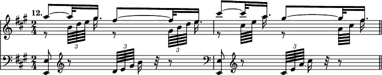 { \time 2/4 \key a \major \tempo "12." << {
 << \relative a'' { a8 ~ a32 gis16. fis8 ~ fis32 e16. | cis'8 ~ cis32 a16. gis8 ~ gis32 fis16. \bar "||" } 
  \\
   \relative b' { r8 \times 2/3 { b64[ d e] } gis16. r8 \times 2/3 { gis,64[ b d] } e16. | r8 cis64[ e] a16. r8 a,64[ cis] fis16. } >> }
\new Staff { \clef bass \key a \major \relative e 
  { <e e,>8 \clef treble r8 \times 2/3 { d'64[ e gis] } b16 r32 r8 \clef bass | <e,, e,>8 \clef treble r8 \times 2/3 { cis'64[ e a] } cis16 r32 r8 | } } >> }