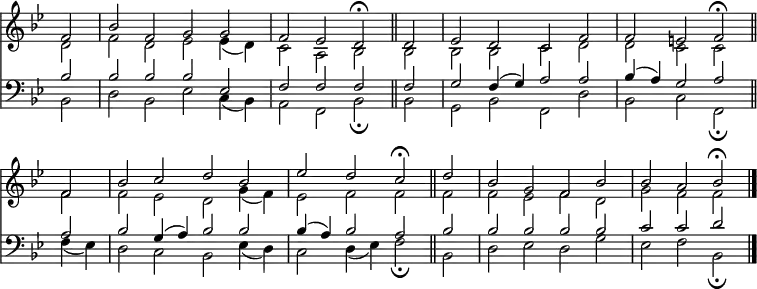 
<< <<
\new Staff { \clef treble \time 4/2 \partial 2 \key bes \major \set Staff.midiInstrument = "church organ" \omit Staff.TimeSignature \set Score.tempoHideNote = ##t \override Score.BarNumber  #'transparent = ##t
  \relative c'
  << { f2 | bes f g g | f es d \fermata \bar"||" d | es d c f | 
  f e f \fermata \bar"||" \break f | bes c d bes | 
  es d c \fermata \bar"||" d | bes g f bes | bes a bes \fermata \bar"|." } \\
  { d,2 | f d es es4( d) | c2 a bes bes | bes bes c d |
  d c c f | f es d g4( f) |
  es2 f f f | f es f d | g f f } >>
}
%%\new Lyrics \lyricsmode { put lyrics here if you insist }
\new Staff { \clef bass \key bes \major \set Staff.midiInstrument = "church organ" \omit Staff.TimeSignature
  \relative c'
  << { bes2 | bes bes bes es, | f f f f | g f4( g) a2 a |
  bes4( a) g2 a a | bes g4( a) bes2 bes | 
  bes4( a) bes2 a bes | bes bes bes bes | c c d } \\
  { bes,2 | d bes es c4( bes) | a2 f bes \fermata bes | g bes f d' |
  bes c f, \fermata f'4( es) | d2 c bes es4( d) | 
  c2 d4( es) f2 \fermata bes, | d es d g | es f bes, \fermata } >>
}
>> >>
\layout { indent = #0 }
\midi { \tempo 2 = 90 }
