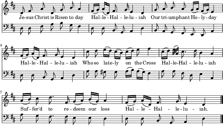 << \new Staff \relative d' { \time 4/4 \key d \major %although there are three ♯ in the key signature, two are an octave apart
  \autoBeamOff \omit Staff.TimeSignature \stemUp
  d8 fis a d, g b a4 | fis16[( g]) a[( d,]) fis8. g16 e4 d |
  g8 a b a g16([ a)] fis[( g]) e4 |
  fis16[( g]) a[( d,]) fis8. g16 e4 d |
  \stemDown cis'8 d e16[( d]) cis[( b]) cis[( d]) e8 fis4 |
  cis16[( d]) e([ \stemUp a,)] \stemNeutral cis8. d16 b4 a |
  a16[( b]) cis8 d8. fis,16 g[( a]) b[( g]) a4 |
  fis16[( g)] a[( d,)] fis8. g16 e4 d \bar "|." }
\addlyrics { Je -- sus Christ is Risen to day Hal -- le -- Hal -- le -- lu -- iah Our tri -- um -- phant Ho -- ly -- day Hal -- le -- Hal -- le -- lu -- iah Who so late -- ly on the Cross Hal -- le -- Hal -- le -- lu -- iah Suf -- fer'd to re -- deem our loss Hal -- le -- Hal -- le -- lu -- iah. }
\new Staff \relative d { \clef bass \key d \major \autoBeamOff \omit Staff.TimeSignature
  d8 d fis a b g fis4 | d8 d b g a4 d |
  b8 a g fis e d a'4 | d8 d b g a4 d |
  a'8 a gis gis a16[( b]) a[( gis]) fis4 | a8 a fis d e4 a, |
  a'8 g fis8. fis16 e8 e d4 | d8 d b g a4 d } >>