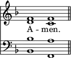 
<< <<
\new Staff { \clef treble \time 4/2 \key f \major \set Staff.midiInstrument = "church organ" \omit Staff.TimeSignature
  \relative c' {
  << { f1 f \bar"||" } \\ { d c } >> }
}
\new Lyrics \lyricmode {
A -- men.
}
\new Staff { \clef bass \key f \major \set Staff.midiInstrument = "church organ" \omit Staff.TimeSignature
  \relative c' {
  << { bes1 a } \\ { bes,1 f } >> }
}
>> >>
\layout { indent = #0 }
\midi { \tempo 4 = 100 }
