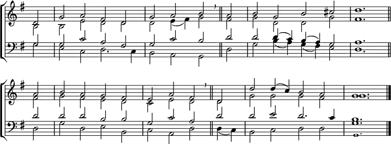 
\new ChoirStaff <<
  \new Staff { \clef treble \time 4/2 \key g \major \partial 2 \set Staff.midiInstrument = "church organ" \omit Staff.TimeSignature \set Score.tempoHideNote = ##t \override Score.BarNumber  #'transparent = ##t
  \relative c'
  << { d2 | g a fis d | g a b \breathe \bar"||" a | b g b cis | d1. \bar"||" \break
       a2 | b a g fis | e a fis \breathe \bar"||" d | d' d4( c) b2 a | g1. \bar"|." } \\
  { b,2 | b e d d | d e4( fis) g2 fis | g d d g | fis1.
    fis2 | g fis e d | c e d d | g g g fis | g1. } >>
  } 
\new Staff { \clef bass \key g \major \set Staff.midiInstrument = "church organ" \omit Staff.TimeSignature
  \relative c'
  << { g2 | g c a fis | g c b d | d d4( c) b( a) g2 | a1.
       d2 | d d b b | g c a d | d e d2. c4 | b1. } \\
  { g2 | e c d2. c4 | b2 a g d' | g b4( a) g( fis) e2 | d1.
    d2 | g d e b | c a d d4( c) | b2 c d d | g1. } \\
      \tiny \override NoteColumn.force-hshift = #0.2 { s2 | s1 s | s s | s s | s s
              s s | s s | s s | g,1. } >>
  } 
>>
\layout { indent = #0 }
\midi { \tempo 2 = 60 }
