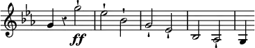 { \relative g' { \key ees \major \time 4/4 \override Score.Rest #'style = #'classical \override Score.TimeSignature #'stencil = ##f
g4 r g'2-!\ff | ees-! bes-! | g-! ees-! | bes aes-! \time 3/4 g4 } }