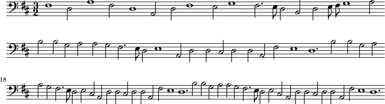 
\header {
  tagline = ""  %% removes "Music engraving by LilyPond 2.18.2—www.lilypond.org" footer, which unsurprisingly was not in the 1651 ed.
}

\new Staff { \time 3/2 \key d \major \clef bass \override Stem.neutral-direction = #up  \omit Staff.BarLine
%%\omit Staff.BarLine \partial 2
  \relative c'' { 
    fis,,1 d2 a'1 fis2 d1 a2 d2 fis1 e2 g1 fis2. e8 d2 b2 d2 e8 fis8 g1 a2 \bar "||"
                                          b2 b2 g2 a2 a2 g2 fis2. e8 d2 e1 
    a,2 d2 d2 cis2 d2 d2 a2 fis'2 e1 d1. b'2 b2 g2 a2 a2 g2 fis2. e8 d2 e2 cis2
    a2 d2 d2 cis2 d2 d2 a2 fis'2 e1 d1. b'2 b2 g2 a2 a2 g2 fis2. e8 d2 e2 cis2
    a2 d2 d2 cis2 d2 d2 a2 fis'2 e1 d1. \bar "|"
  }
}
  \midi { \tempo 2 = 180  \set Staff.midiInstrument = "cello" }
  %%please feel free to change instrument to something else, see https://lilypond.org/doc/v2.21/Documentation/notation/midi-instruments
  \layout { }
