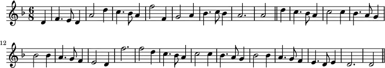
\header {
  tagline = ""  %% removes "Music engraving by LilyPond 2.18.2—www.lilypond.org" footer, which unsurprisingly was not in the 1651 ed.
}

\new Staff { \time 6/8 \key f \major \clef treble \partial 4
  \relative c'' { 
       d,4  \bar "|" f4. e8 d4 a'2 d4 c4. bes8 a4 f'2 f,4 g2 a4 bes4. c8 bes4 a2. a2 \bar "||"
       d4 c4. bes8 a4 c2 c4 bes4. a8 g4 bes2 bes4 a4. g8 f4 e2 d4 f'2. f2 |
       d4 c4. bes8 a4 c2 c4 bes4. a8 g4 bes2 bes4 a4. g8 f4 e4. d8 e4 d2. d2 \bar "||"
  }
}
  \midi { \tempo 2 = 120  \set Staff.midiInstrument = "recorder" }
  %%please feel free to change instrument to something else, see https://lilypond.org/doc/v2.21/Documentation/notation/midi-instruments
  \layout { }
