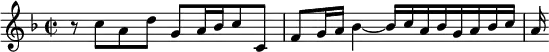 \relative c'' { \time 2/2 \key f \major r8 c a d g, a16 bes c8 c, | f g16 a bes4 ~ bes16 c a bes g a bes c | a }