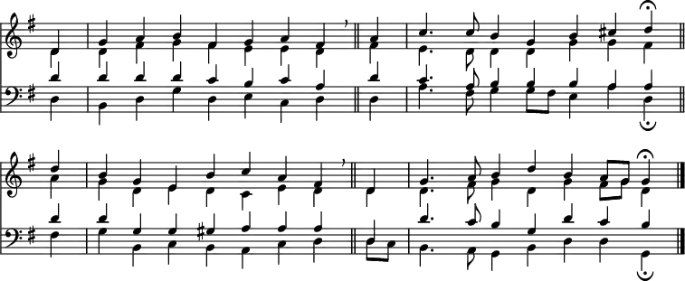 
<< <<
\new Staff { \clef treble \time 4/2 \key g \major \partial 4 \set Staff.midiInstrument = "church organ" \omit Staff.TimeSignature \set Score.tempoHideNote = ##t \override Score.BarNumber  #'transparent = ##t
  \relative c'
  << { d4 | g a b fis | g a fis \breathe \bar"||" 
       a | c4. 8 b4 g | b cis d \fermata \bar"||" \break
       d | b g e b' | c a fis \breathe \bar"||"
       d | g4. a8 b4 d | b a8 g g4 \fermata \bar"|." } \\
  { d4 | d fis g fis | e e d fis | e4. d8 4 4 | g g fis
    a | g d e d | c e d d | d4. fis8 g4 d | g fis8 g d4 } >>
}
\new Staff { \clef bass \key g \major \set Staff.midiInstrument = "church organ" \omit Staff.TimeSignature
  \relative c'
  << { d4 | d d d c | b c a d | c4. a8 b4 b | b a a 
       d | d g, g gis | a a a d, | d'4. c8 b4 g | d' c b } \\
  { d,4 | b d g d | e c d d | a'4. fis8 g4 g8 fis | e4 a d, \fermata
    fis | g b, c b | a c d d8 c | b4. a8 g4 b | d d g, \fermata } >>
}
>> >>
\layout { indent = #0 }
\midi { \tempo 4 = 104 }

