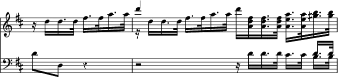 << \override Score.TimeSignature #'stencil = ##f \override Score.Rest #'style = #'classical \new Staff { \key d \major \time 4/4 \partial 2 \relative d'' { r16 d d16. d32 fis16. fis32 a16. a32 | << { d4 } \\ { r16 d, d16. d32 } >> fis16. fis32 a16. a32 d16 <fis, d a> q16. q32 <a e a,>16. q32 <b gis>16. q32 } }
\new Staff { \clef bass \key d \major \relative d' { d8 d, r4 | r2 r16 d' d16. d32 cis16. cis32 << { d16. d32 } \\ { b16. b32 } >> } } >>