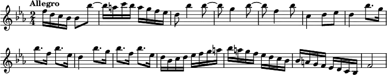 { \relative f'' { \time 2/4 \tempo "Allegro" \key ees \major \override Score.BarNumber #'break-visibility = #'#(#f #f #f)
f16 d c bes bes8 bes' ~ | bes16 a c bes a g f ees |
d8 bes'4 bes8 ~ | %end line 1
bes g4 bes8 ~ | bes f4 bes8 | c,4 d8 ees |
d4 bes'8. g16 | bes8. f16 bes8. ees,16 | %end line 2
d4 bes'8. g16 | bes8. f16 bes8. ees,16 |
d bes c d ees f g a | bes a g f ees d c bes | %end line 3
bes a g f ees d c bes | f'2 } }