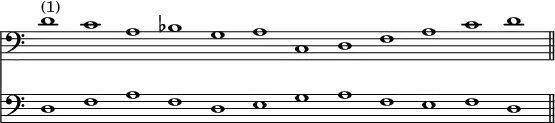 << \override Score.TimeSignature #'stencil = ##f \new Staff { \time 12/1 \clef bass d'1^"(1)" c' a bes g a c d f a c' d' \bar "||" }
\new Staff { \clef bass d1 f a f d e g a f e f d } >>