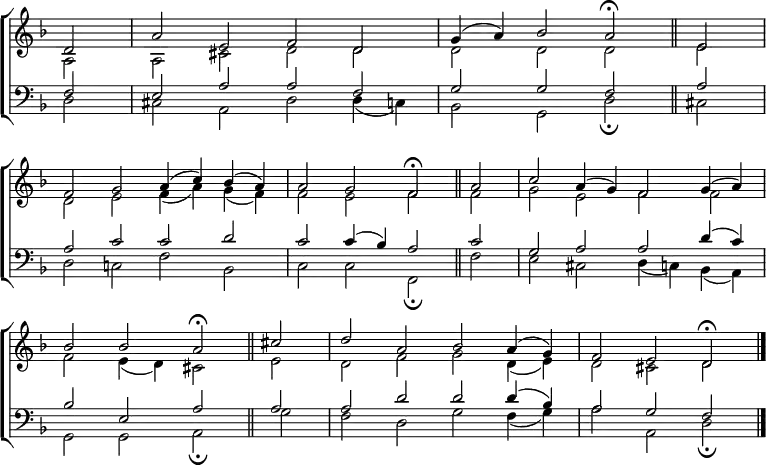 
\new ChoirStaff <<
  \new Staff { \clef treble \time 4/2 \key d \minor \partial 2 \set Staff.midiInstrument = "church organ" \omit Staff.TimeSignature \set Score.tempoHideNote = ##t \override Score.BarNumber  #'transparent = ##t
  \relative c'
  << { d2 | a' e f d | g4( a) bes2 a \fermata \bar"||" e \break
       f g a4( c) bes( a) | a2 g f \fermata \bar"||" a | c a4( g) f2 g4( a) \break
       bes2 2 a \fermata \bar"||" cis | d a bes a4( g) | f2 e d \fermata \bar"|." } \\
  { a2 | a cis d d | d d d e
    d e f4( a) g( f) | f2 e f f | g e f f 
    f e4( d) cis2 e | d f g d4( e) | d2 cis d } >>
  }
\new Staff { \clef bass \key d \minor \set Staff.midiInstrument = "church organ" \omit Staff.TimeSignature 
  \relative c
  << { f2 | e a a f | g g f a
       a c c d | c c4( bes) a2 c | g a a d4( c)
       bes2 e, a a | a d d d4( bes) | a2 g f } \\
  { d2 | cis a d d4( c) | bes2 g d' \fermata cis
    d c! f bes, | c c f, \fermata f' | e cis d4( c) bes( a)
    g2 g a \fermata g' | f d g f4( g) | a2 a, d \fermata} >>
  } 
>>
\layout { indent = #0 }
\midi { \tempo 2 = 58 }
