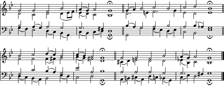 
<< <<
\new Staff { \clef treble \time 4/2 \key g \minor \set Staff.midiInstrument = "church organ" \omit Staff.TimeSignature \set Score.tempoHideNote = ##t \override Score.BarNumber  #'transparent = ##t
  \relative c''
  << {  g2 g f bes | a4( g) a2 g1 \fermata \bar"||" g4( a) bes2 c bes | c d bes1 \fermata \bar"||" \break
        bes2 c d4( c) bes2 | c4( bes) a2 g1 \fermata \bar"||" g2 g f bes | a4( g) a2 g1 \fermata \bar"|." } \\
  { d2 c d d4( es8 f) | es4( d) c2 bes1 | d2. e4 f2. g4 | es2 d es1 |
    f2 f f4( fis) g2 | a4( g) fis2 d1 | cis4( d) e2 d d | es!4( bes) c2 bes1 } >>
}
\new Staff { \clef bass \key g \minor \set Staff.midiInstrument = "church organ" \omit Staff.TimeSignature
  \relative c'
  << { bes2  a4( g) a2 g | g2. fis4 d1 | bes'4( a) g2 a bes | a bes4( aes) g1 |
       f2 c' bes4( a) g2 | es' a, bes1 | a2 a a g | g2. fis4 g1 } \\
  { g4( f) es2 d4( c) bes( g) | c( bes) c( d) g,1 \fermata | g2 g' f4( es) d( es) | c2 bes es1 \fermata |
    d4( c) bes( a) bes2 es4( d) | c2 d g,1 \fermata | a4( b) cis( a) d( c) bes( g) | c( es) d2 g,1 \fermata } >>
}
>> >>
\layout { indent = #0 }
\midi { \tempo 2 = 46 }
