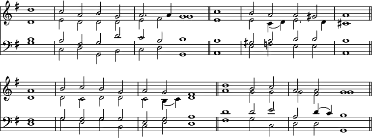 
<< <<
\new Staff { \clef treble \time 4/2 \partial 1 \key g \major \set Staff.midiInstrument = "church organ" \omit Staff.TimeSignature \set Score.tempoHideNote = ##t \override Score.BarNumber  #'transparent = ##t
  \relative c''
  << { d1 | c2 a b g | a2. a4 g1 \bar"||" \partial 1 c | b2 a a gis | a1 \bar"||" \break
  a | b2 c b g | a g fis1 \bar"||" d' | b2 c a a | g1 \bar"||" } \\
  { d1 | e2 d d d | e fis g1 | e | e2 c4( d) e2. d4 | cis1 |
  d | d2 c d d | c b4( c) d1 \bar"||" a' | g2 g g fis | g1 } >>
}
\new Staff { \clef bass \key g \major \set Staff.midiInstrument = "church organ" \omit Staff.TimeSignature
  \relative c'
  << { b1 | a2 fis g d' | c a b1 | a | gis2 a b b | a1 |
  fis | g2 g g g | e g a1 | d | d2 e a, d4( c) | b1 } \\
  { g1 | c,2 d g, b | c d g,1 | a | e'2 f e e | a,1 |
  d | g2 e g b, | c e d1 | fis | g2 c, d d | g,1 } >>
}
>> >>
\layout { indent = #0 }
\midi { \tempo 2 = 69 }
