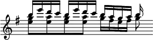 { \override Score.TimeSignature #'stencil = ##f \time 4/4 \key g \major \relative g'' << { b16 e d c b e d c b a g a b } \\ { <g e>8 <a e> <g e> <a e> g16 fis e fis g8 } >> }