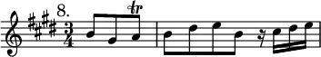{ \mark "8." \time 3/4 \key e \major \partial 4. \relative b' {
b8 gis a\trill | b dis e b r16 cis dis e } }