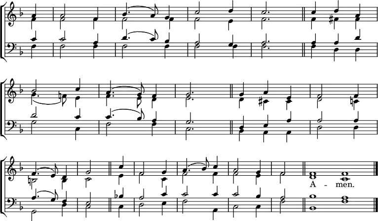 
\new ChoirStaff <<
  \new Staff { \clef treble \time 3/4 \key f \major \partial 1 \set Staff.midiInstrument = "church organ" \omit Staff.TimeSignature \set Score.tempoHideNote = ##t \override Score.BarNumber  #'transparent = ##t 
  \relative c''
  << { a4 | a2 f4 | bes4.( a8) g4 | c2 d4 | c2. \bar"||" c4 d a | \break
     bes2 c4 | a4.( g8) f4 | g2. \bar"||" g4 a e | f2 f4 | \break
     f4.( e8) d4 | g2 \bar"||" c4 | f,2 g4 | a4.( bes8) c4 | a2 g4 | \time 2/4 f2 \bar"||"
     \time 4/2 f1 f \bar"|." } \\
  { f4 | f2 f4 | f2 f4 | f2 e4 | f2. | f4 fis fis |
  g4.( f!8) e4 | f4. e8 d4 | e2. | d4 cis cis | d2 c!4 |
  b2 b4 | c2 e4 | f2 c4 | f2 f4 | f2 e4 | f2 | d1 c1 } >>
  }
\addlyrics {_ _ _ _ _ _ _ _ _ _ _ _ _ _ _ _ _ _ _
           _ _ _ _ _ _ _ _ _ _ _ _ _ _ _ _ _ _ A -- men.}
\new Staff { \clef bass \key f \major \set Staff.midiInstrument = "church organ" \omit Staff.TimeSignature
  \relative c'
  << { c4 | c2 a4 | d4.( c8) bes4 | a2 g4 | a2. | a4 a d |
     d2 c4 | c4.( bes8) a4 | g2. | d4 e a | a2 a4 |
     a4.( g8) f4 | e2 bes'!4 | a2 c4 | c2 c4 | c2 bes4 | a2 | bes1 a1 } \\
  { f4 | f2 f4 | f2 | f4 | f2 f4 | f2. | f4 d d |
  g2 c,4 | f2 f4 | c2. | bes4 a a | d2 d4 |
  g,2 d'4 | c2 c4 | d2 e4 | f2 a,4 | c2 c4 | f2 | bes,1 f' } >>
  } 
>>
\layout { indent = #0 }
\midi { \tempo 4 = 112 }
