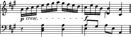 { \override Score.TimeSignature #'stencil = ##f \key a \major \override Score.Rest #'style = #'classical \time 3/4 << \relative a' { a16\p b\cresc cis d e fis gis a gis fis e d | cis\f e d b << { <b d,>4 <a cis,> \bar "||" } \\ { e2 } >> }
\new Staff { \clef bass \key a \major \relative a { r4 <a e cis> <a d,> | << { a8[ gis] } \\ { e4 } >> a8 e a,4 } } >> }