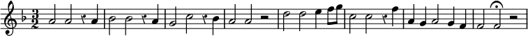 \relative a' { \key f \major \time 3/2 \override Score.Rest #'style = #'classical
  a2 a r4 a | bes2 bes r4 a | g2 c r4 bes | a2 a r | d2 d e4 f8 g |
  c,2 c r4 f | a, g a2 g4 f | f2 f\fermata r }