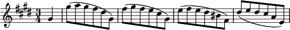 { \time 3/4 \key e \major \partial 4 \relative g' { gis4 | gis'8( a gis fis dis gis,) | fis'( gis fis e cis gis) | e'( fis e dis bis fis) | dis'( e dis cis a e) | } }