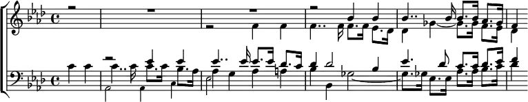 \new ChoirStaff <<
  \new Staff \relative b' { \key aes \major \time 4/4 \partial 2
    << { r2 R1 | R1 r2 bes4 bes | bes4.. bes16 bes8. bes16 aes8. ges16 | f4 } \\
       { s2 s1 r2 f4 f | f4.. f16 f8. f16 ees8. des16 |
         des4 ges _~ ges8. ges16 f8. ees16 | des4 } >> }
  \new Staff \relative e' { \clef bass \key aes \major
    << { s2 r2 ees4 ees | ees4.. ees16 ees8. ees16 des8. c16 |
         des4 des2 bes4 | ees4. des8 c8. c16 des8. ees16 f4 } \\
       { c4 c | c4.. c16 c8. c16 bes8. aes16 | aes4 g aes a |
         bes bes, ges'2 _~ ges8. ges16 ees8. ees16 aes8. aes16 bes8. c16 | des4 } \\
       { \tiny \stemDown s2 aes, aes4 c | ees2 } >> } >>