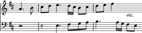 { << \new Staff \relative a' { \override Score.BarNumber #'break-visibility = #'#(#f #f #f) \override Score.Rest #'style = #'classical \override Score.TimeSignature #'stencil = ##f \time 4/4 \partial 2 \key d \major
 a4. b8 | cis d e4. d16 cis b8 cis | d e fis4 s4_"etc." }
\new Staff \relative e { \clef bass \key d \major
 r2 | r4 e4. fis8 g a | b4. a16 g fis8[ e] } >> }