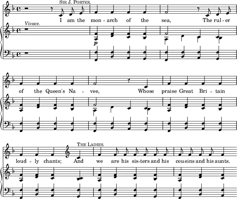 << \override Score.Rest #'style = #'classical
\override Score.BarNumber #'stencil = ##f %% Suppress bar numbering
\new Staff { \time 4/4 \key f \major \relative c' { \autoBeamOff
r2 r8 c^\markup { \smallCaps "Sir J. Porter." } d e |
f4 f f f | f2 r8 c d e | \break
f4 f f f | f2 r4 c | f f f f |
f f f \clef treble c^\markup { \smallCaps "The Ladies." } |
f4 f8 f f f f f | f f f f f4 } }
\addlyrics { I am the mon -- arch of the sea, The rul -- er of the Queen's Na -- vee, Whose praise Great Bri -- tain loud -- ly chants; And we are his sis -- ters and his cou -- sins and his aunts. }
\new GrandStaff <<
\new Staff { \override GrandStaff.BarLine #'allow-span-bar = ##f %% Suppress inter stave barlines
\key f \major \relative f' {
r1^\markup{\italic "Vivace."} | <f a,>4\p <f d> <f c> <f bes,> |
<< { f2 c4 c } \\ { a4 d c bes } >> |
<f' a,> <f d> <f c> <f bes,> |
<< { f2 c4 c } \\ { a4 d s bes } >> |
<f' a,> <f d> <f c> <f bes,> |
<f a,> <f d> <f c> <c bes> |
<f a,> <f d> <f c> <f bes,> |
<f a,> <f d> <f c> } }
\new Staff { \clef bass \key f \major r1
\stemUp \repeat unfold 7 { <f f,>4 <f bes,> <f a,> <f g,> }
<f f,> <f bes,> <f a,> } >>
>>