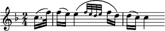 { \time 2/4 \key f \major \partial 8 \relative c'' { c16.( f32) | f16( e) \afterGrace e4\( { f32[ e d e] } f16 d\) | d16( c) c4 s16 } }