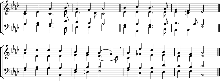 
\new ChoirStaff <<
  \new Staff { \clef treble \time 4/4 \key aes \major \set Staff.midiInstrument = "church organ" \omit Staff.TimeSignature \set Score.tempoHideNote = ##t \override Score.BarNumber  #'transparent = ##t
  \relative c'
  << { es4 4 aes4. bes8 | aes4 g aes2 \bar"||" 
       bes4 c bes4. aes8 | g4 f es2 \bar"||" \break
       des'4 4 4 c | bes aes aes( g) \breathe \bar"||"
       aes es' des bes | aes g aes2 \bar"|." } \\
  { c,4 es c4. f8 | es4. des8 c2 | es4 4 4. 8 | 4 d es2
    aes4 es es es | f f es4.( des8) | c4 ges' f f | es es es2 } >>
  } 
\new Staff { \clef bass \key aes \major \set Staff.midiInstrument = "church organ" \omit Staff.TimeSignature
  \relative c'
  << { aes4 bes aes4. des8 | c4 bes aes2 | g4 aes g4. aes8 | bes4. aes8 g2
       aes4 bes aes aes | f bes bes2 | aes4 4 4 des | c bes c2 } \\
  { aes4 g f4. des8 | es4 4 aes2 | es4 aes, es'4. c8 | bes4 4 es2
    f4 g aes aes, | des d es2 | f4 c des des | es es aes,2 } >>
  } 
>>
\layout { indent = #0 }
\midi { \tempo 4 = 100 }
