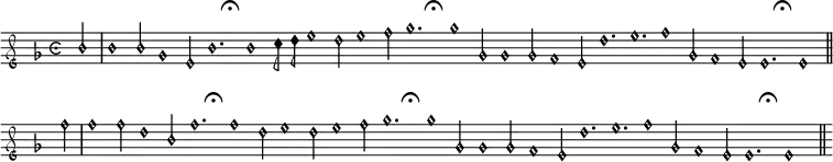 
\header { tagline = "" }
\score {
  \new Staff { \time 6/4 \key f \major \clef "petrucci-g1" \override Staff.TimeSignature.style = #'neomensural \partial 2 
    \autoBeamOff
    \defineBarLine "||s" #'("=" "=" "")
    \relative c'' { \cadenzaOn 
      d2  \bar "|"
      d1  d2 bes1 g2 d'1. \breathe d1
      e8*2 f8*2 g1 f2 g1 a2 bes1. \breathe bes1
      bes,2 bes1 bes2 a1 g2 f'1. g1. a1 bes,2 
      a1 g2 g1. \breathe g1  \bar "||"
      a'2  \bar "|" a1  a2 f1 d2 a'1. \breathe a1 
      f2 g1 f2 g1 a2 bes1. \breathe  bes1 
      bes,2 bes1 bes2 a1 g2 f'1. g1. a1 
      bes,2 a1  g2 g1. \breathe  g1 \cadenzaOff \bar "||s" \bar "||s" 
    }
  }
  \layout {
    indent = #0
    \context {
      \Voice
      \override Score.BarNumber.transparent = ##t
      \override Stem.neutral-direction = #UP
%      \override Stem.neutral-direction = #up %does not work, but in doc example: https://lsr.di.unimi.it/LSR/Item?id=422
      \override Staff.TimeSignature.style = #'neomensural %%for some reason this works in the Staff context above, but not here. ?
      \override NoteHead.style = #'petrucci 
      \override Flag.style = #'mensural
      \override BreathingSign.text = \markup \raise #3.0 \small \musicglyph #"scripts.ufermata" 
%      \override KeySignature.glyph-name-alist = #alteration-mensural-glyph-name-alist
%      \override Staff.Accidental.glyph-name-alist = #alteration-mensural-glyph-name-alist
%      \finalis %crashes rendering, need to have "\include "gregorian.ly"", which is understandably forbidden. May be cause of two above problems, too.
%      \defineBarLine "||||" #'("||" " " "||") 
% \bar "||||" %% Not working https://lilypond.org/doc/v2.23/Documentation/notation/bars
    }
  }
}
\score {
  \new Staff { \time 6/4 \key f \major \clef "petrucci-g1" \partial 2 
    \unfoldRepeats {
      \relative c'' { 
        \repeat volta 3 {
          \repeat volta 2 {\cadenzaOn  d2  \bar "|"
            d1  d2 bes1 g2 d'1. \breathe d1
            e8*2 f8*2 g1 f2 g1 a2 bes1. \breathe bes1
            bes,2 bes1 bes2 a1 g2 f'1. g1. a1 bes,2 
            a1 g2 g1. \breathe g1  \bar "||"}
            \repeat volta 3 { \cadenzaOn  a'2  \bar "|" a1  a2 f1 d2 a'1. \breathe a1 
            f2 g1 f2 g1 a2 bes1. \breathe  bes1 
            bes,2 bes1 bes2 a1 g2 f'1. g1. a1 
            bes,2 a1  g2 g1. \breathe  g1 \cadenzaOff \bar "||s" }
        }
      }
    }
  }
  \midi { \tempo 2 = 180  \set Staff.midiInstrument = "cello" }
  %%please feel free to change instrument to something else, see https://lilypond.org/doc/v2.21/Documentation/notation/midi-instruments
}

