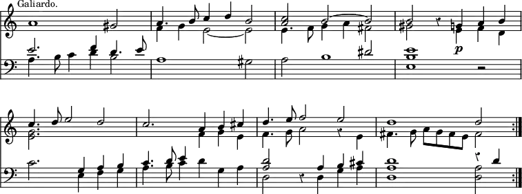 { << \new Staff << \override Score.Rest #'style = #'classical \override Score.TimeSignature #'stencil = ##f \override Score.BarNumber #'break-visibility = #'#(#f #f #f) \time 3/2 \mark \markup \small "Galiardo."
 \new Voice \relative a' { \stemUp
  a1 gis2 | a4. b8 c4 d b2 | <c a> b ^~ b | b r4 g a b | %eol2
  c4. d8 e2 d | c2. a4 b cis | d4. e8 f2 e | d1 d2 \bar ":|." }
 \new Voice \relative f' { \stemDown
  s1. | f4 g e2 _~ e | e4. f8 g4 a fis2 | gis s4 e\p f d | %eol2
  <e g>2. s | s f4 g e | f4. g8 a2 r4 e | fis4. g8 a g fis e fis2 } >>
\new Staff << \clef bass
 \new Voice \relative e' { \stemUp
  e2. f4 d4. e8 | s1. | s1 dis2 | e1 r2 | %eol2
  s2. g,4 a b | c4. d8 e4 s2. | <d a>2 r4 a b cis | d1 r4 d }
 \new Voice \relative a { \stemDown
  a4. b8 c4 d b2 | a1 gis2 | a2 b1 | <b e,> s2 | %end line 2
  c2. e,4 f g | a4. b8 c4 d g, a | d,2 s4 d g a | <a d,>1 q2 } >> >> }