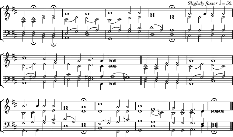 
\new ChoirStaff <<
  \new Staff { \clef treble \time 4/2 \key d \major \set Staff.midiInstrument = "church organ" \omit Staff.TimeSignature \set Score.tempoHideNote = ##t \override Score.BarNumber  #'transparent = ##t \override Staff.NoteHead.style = #'altdefault
  \relative c'
  << { d2 d \fermata fis fis \fermata | a1 a | b b2 b | a1 fis \fermata \bar"||"
       ^\markup \italic "Slightly faster 𝅗𝅥 = 50."
       a2. 4 2 2 \break d1 cis2 a | e a b2. a4 | a \breve \bar"||"
       d,2 d fis fis | a1 a \break b2. 4 2 2 | a1 a \fermata \bar"||"
       d a2 a | b1 fis | | g2 e e2. d4 | d \breve \fermata \bar"|." } \\
  { a2 a d d | cis( e) d( cis) | b( cis) d e | fis1 d | e2 e fis e
    d( e) e fis | e cis d2. cis4 | cis \breve | a2 a d d | cis( e) d( cis)
    b cis d e | fis1 d | d d2 d | d1 d2( c) | b b cis2. d4 | d \breve } >>
  } 
\new Staff { \clef bass \key d \major \set Staff.midiInstrument = "church organ" \omit Staff.TimeSignature \override Staff.NoteHead.style = #'altdefault
  \relative c
  << { fis2 2 d d | e( g) fis( a) | g( a) b cis | d( a) a1 | 2 2 2 2
       fis( gis) a a | cis a gis2. a4 | 1( g!) | fis2 2 d d | e( g) fis( a)
       g a b cis | d( a) fis1 | 2( g) a c | b1 a | g2 g g2. fis4 | \breve } \\
  { d2 d \fermata b b \fermata | a1 d | g, g'2 g | d1 d \fermata | cis2 2 d cis
    b1 cis2 d | e e e2. a,4 | a \breve | d2 d b b | a1 d
    g,2. 4 g'2 g | d1 d \fermata b fis2 2 | g1 d' | g,2 g a2. d4 | \breve \fermata } >>
  } 
>>
\layout { indent = #0 }
\midi { \tempo 2 = 42 }

