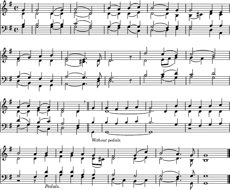 
<< <<
\new Staff { \clef treble \time 4/4 \partial 4 \key g \major \set Staff.midiInstrument = "church organ" \set Score.tempoHideNote = ##t \override Staff.Rest.style = #'classical \override Score.BarNumber  #'transparent = ##t
  \relative c'' 
  << { g4 | g2 d4( g) | a2( d,) | b'4( a) b( c) | b2( a4) g4 | g2 fis4 e | \break
  fis4( g) a b | fis2( e4.) d8 | d2. s4 | d'2 c4( b) | c2( b) | \break
  a4( b) g( a) | fis2 d4 \breathe \bar"||" g4 | g fis g a | g2 d4 b' | b a b c | \break
  b2 a4 b | c b a g | fis2 g4( c) | b2( a4.) g8 | g1 \bar"|." } \\ 
  { d4 | d2 d4~ d | e2( d) | d4~ d d( e) | d2~ d4 b | b( cis) d cis |
  d2 d4 d | d2( cis4.) d8 | d2. g4\rest | d2 e8( fis g4) | g( fis) g2 |
  d4~ d e~ e | d2 d4 s4 | \small d1~ | d2. \normalsize d4 | d d d d |
  d2 d4 g | fis g d d8( cis) | d2 d4( e) | d2~ d4. b8 | b1 }
  >>
}
\new Staff { \clef bass \key g \major \set Staff.midiInstrument = "church organ" \override Staff.Rest.style = #'classical
  \relative c'
  << { b4 | b2 b4~ b | c2( a) | g4( a) g~ g | g2( fis4) g | g2 a4 a | 
  a( g) fis d | a'2( g4.) fis8 | fis2. s4 | b2 c4( d) | c2 d | 
  d4( g,) b( c) | a2 fis4 \small b4 | b a b c | b2. \normalsize g4 | g fis g a |
  g2 fis4 d' | d d a a | a2 g | g2( fis4.) g8 | g1 } \\
  { g4 | g2 g4~ g | g2( fis) | g4( fis) g( c,) | d2~ d4 e | e2 d4 a | 
  d( b) fis g | a2~ a4. d8 | d2. d4\rest | b'2 a4( g) | a2 g |
  fis4( g) e( c) | d2 d4 \small g,_\markup { \italic "Without pedals." } | g1~ | g1 | b1\rest |
  b2\rest b4\rest \normalsize g'4_\markup { \italic "Pedals." } | a g fis e | d( c) b( c) | d2~ d4. g,8 | g1 } >>
}
>> >>
\layout { indent = #0 }
\midi { \tempo 4 = 90 }
