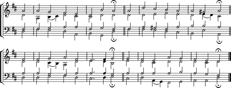 
\new ChoirStaff <<
  \new Staff { \clef treble \time 4/2 \key d \major \partial 2 \set Staff.midiInstrument = "church organ" \omit Staff.TimeSignature \set Score.tempoHideNote = ##t \override Score.BarNumber  #'transparent = ##t 
  \relative c''
  << { a2 | a g fis e | d b' a \fermata \bar"||"
       a | d cis b a | a gis a \fermata \bar"||" \break
       fis | fis g a fis | e2. fis4 g2 \fermata \bar"||"
       g | fis e a g | fis e d \fermata \bar"|." } \\
  { d2 | a b4( cis) d2 cis | b d d d | d e fis e | d e4( d) cis2
    d | d cis4( b) a2 d | e2. d4 b2 e | d cis d d | d cis d } >>
  }
\new Staff { \clef bass \key d \major \set Staff.midiInstrument = "church organ" \omit Staff.TimeSignature
  \relative c
  << { fis2 | 2 g a a | fis g fis fis | a gis fis a | b b a
       a | a g fis a | a2. 4 g2 a | a a a b | a g fis } \\
  { d2 | fis e d a | b g d' \fermata fis | fis e d cis | b e a, \fermata
    d | d e fis d | cis2. d4 e2 \fermata cis | d a4( g) fis2 g | a a d \fermata } >>
  } 
>>
\layout { indent = #0 }
\midi { \tempo 2 = 69 }
