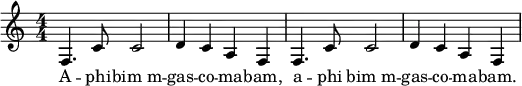 \relative f {
\numericTimeSignature \time 4/4
f4. c'8 c2
d4 c a f
f4. c'8 c2
d4 c a f
}
\addlyrics {
A -- phi -- bim_m -- gas -- co -- ma -- bam, a -- phi bim_m -- gas -- co -- ma -- bam.
}