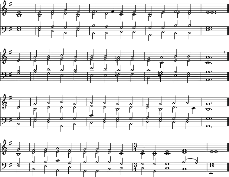 
<< <<
\new Staff { \clef treble \time 4/2 \partial 1 \key g \major \set Staff.midiInstrument = "church organ" \omit Staff.TimeSignature \set Score.tempoHideNote = ##t \override Score.BarNumber  #'transparent = ##t
  \relative c'
  << { e1 | e2 fis g e | fis2. fis4 e2 e | d e fis fis | e1. \bar"||" \break
  e2 | a b c a | b b a a | g a b b | a1. \breathe \bar"||" \break
  d,2 | g a b g | a a g g | fis g a a | g1. \bar"||" \break
  g2 | fis g a fis | g g fis e | \undo \omit Staff.TimeSignature \time 3/1 e d e1 fis | e \bar"||" } \\
  { b1 | b2 d d b | d d c c | b e e d | e1.
  e2 | e g g e | g g f f  | e c e e  | c1.
  d2 | b d d d | e d b d | d b d2. c4 | b1.
  b2 | d e e d | d d d c | c b c1 d | e } >>
}
\new Staff { \clef bass \key g \major \set Staff.midiInstrument = "church organ" \omit Staff.TimeSignature
  \relative c'
  << { g1 | g2 a g g | b a g g | g g b b | g1. \bar"||"
  b2 | c d c c | e d c c | c a a g | a1. \bar"||"
  g2 | g fis g g | c fis, g g | a g g fis | g1. \bar"||"
  g2 | b b c a | b b b g | \undo \omit Staff.TimeSignature \time 3/1 g g g1 b2( a) | g1 \bar"||" } \\
  { e1 | e2 d b e | b b c c | g c b b  | e1.
  g2 | a g e a | e e  f f  | c f  e e  | a,1.
  b2 | e d g, b | c d e b | d e d d | g,1.
  e'2 | b e a, d | g, g b c | c g c1 b | 

    <<
      \new Voice = "alternative" {
        \voiceOne  { 
          e
        }
      }
      {
        \voiceTwo \magnifyMusic 0.63 {
          e,
        }
          \oneVoice
        } >>

 } >>}
>> >>
\layout { indent = #0 }
\midi { \tempo 2 = 69 }
