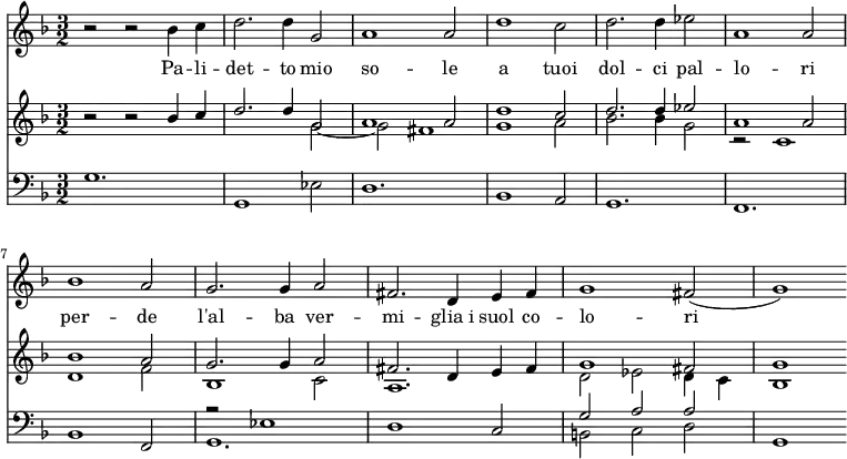 { << \new Staff \relative b' { \key f \major \time 3/2
r2 r bes4 c | d2. d4 g,2 | a1 a2 | d1 c2 | %end line 1
d2. d4 ees2 | a,1 a2 | bes1 a2 | g2. g4 a2 | %end line 2
fis2. d4 e fis | g1 fis2( | g1) }
\addlyrics { Pa -- li -- det -- to mio so -- le a tuoi
dol -- ci pal -- lo -- ri per -- de l'al -- ba ver --
mi -- glia_i suol co -- lo -- ri }
\new Staff << \key f \major
\new Voice \relative b' { \stemUp
r2 r bes4 c | d2. d4 g,2 | a1 a2 | d1 c2 | %end line 1
d2. d4 ees2 | a,1 a2 | bes1 a2 | g2. g4 a2 | %end line 2
fis2. d4 e fis | g1 fis2 | g1 }
\new Voice \relative g' { \stemDown
s1. | s2 s g _~ | g fis1 | g a2 | %end line 1
bes2. bes4 g2 | r c,1 | d1 f2 | bes,1 c2 | %end line 2
a1. | d2 ees d4 c | bes1 } >>
\new Staff \relative g { \clef bass \key f \major
g1. | g,1 ees'2 | d1. | bes1 a2 | %end line 1
g1. | f | bes1 f2 | << { r2 ees'1 } \\ { g,1. } >> | %end line 2
d'1 c2 | << { g' a a } \\ { b, c d } >> | g,1 } >> }