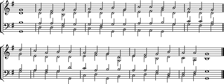 
\new ChoirStaff <<
  \new Staff { \clef treble \time 4/2 \key g \major \partial 1 \set Staff.midiInstrument = "church organ" \omit Staff.TimeSignature \set Score.tempoHideNote = ##t \override Score.BarNumber  #'transparent = ##t 
  \relative c''
  << { g1 | 2 fis g g | a a b g | c c b b | a a g \bar"||" \break
       d' | c a b b | a a g d | e fis g b | a a g1 \bar"|." } \\
  { d1 | 2 2 b d | e d d g | e fis g d | e d d 
    g | e d d d | e fis g g, | e' d b d | c a b1 } >>
  }
\new Staff { \clef bass \key g \major \set Staff.midiInstrument = "church organ" \omit Staff.TimeSignature
  \relative c'
  << { b1 | a2 a g g | g fis g g | a a b g | c c b
       b | a a g d' | c a b b | a a g d | e fis g1 } \\
  { g,1 | d'2 2 e b | c d g, b | a a g g' | g fis g
    g | a fis g g, | c d g, b | c d e b | c d g,1 } >>
  } 
>>
\layout { indent = #0 }
\midi { \tempo 2 = 52 }

